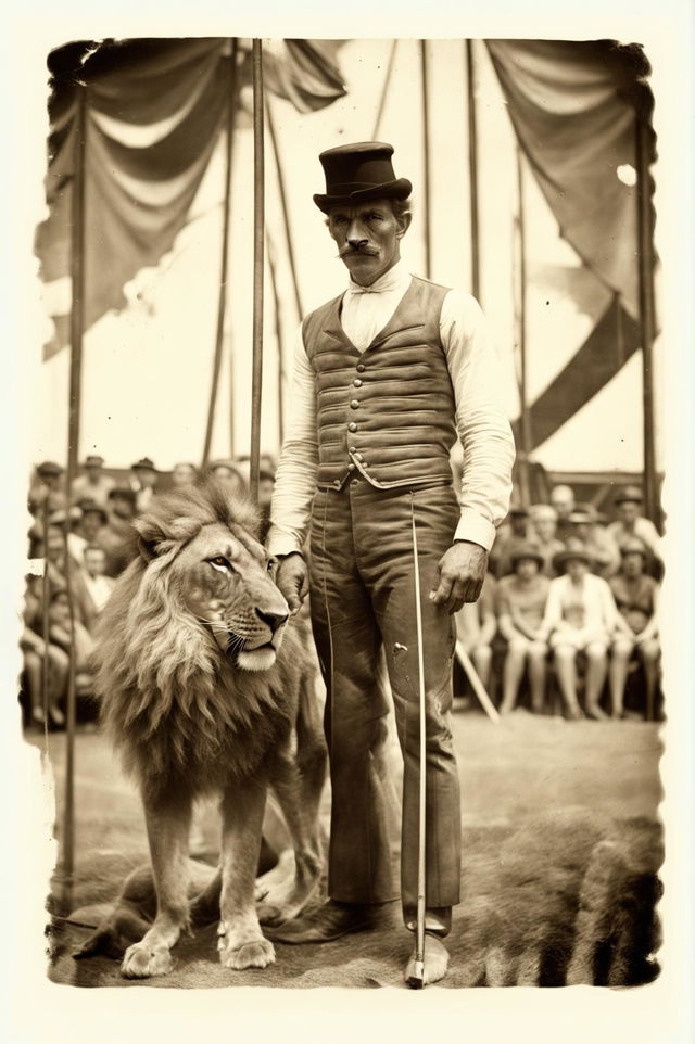 A vintage sepia-toned, water-damaged photograph depicts a lion tamer at a circus