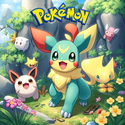 A vibrant and detailed square image of a Pokémon character in an adventurous setting