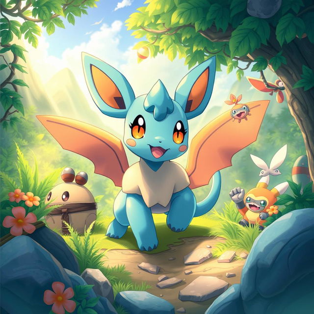 A vibrant and detailed square image of a Pokémon character in an adventurous setting