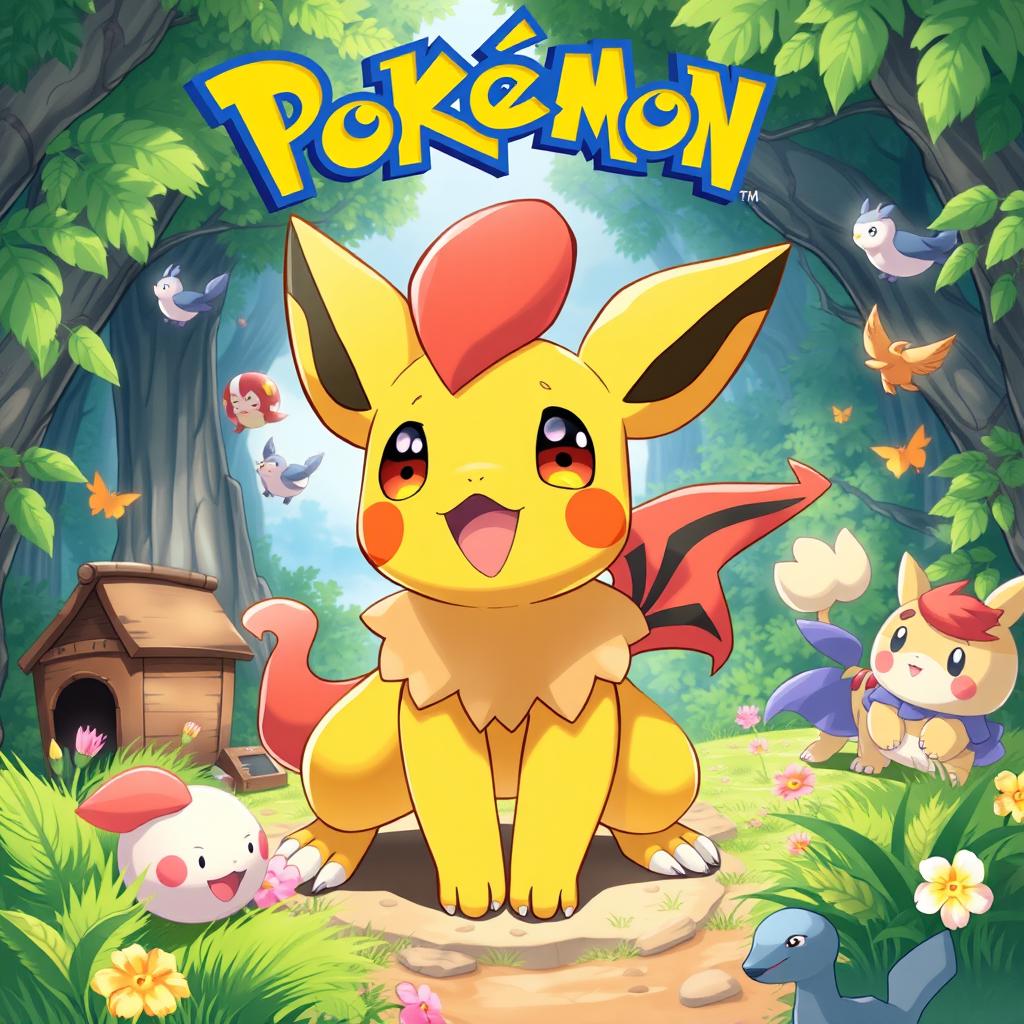 A vibrant and detailed square image of a Pokémon character in an adventurous setting