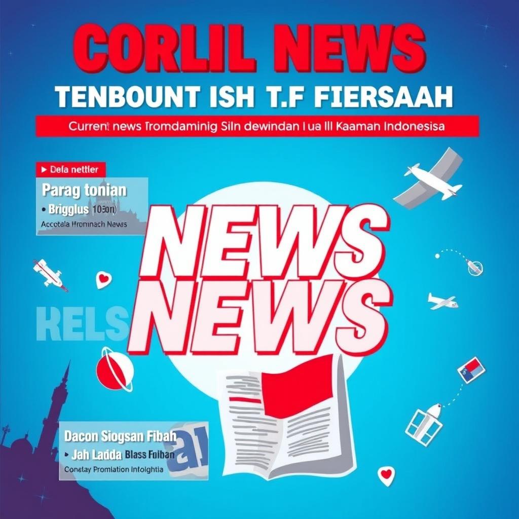 A vibrant and engaging poster featuring current news headlines in Indonesian language, highlighting major world events with eye-catching typography