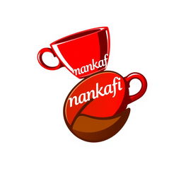 A logo design featuring a slanted red coffee cup placed on top of a stylized coffee bean that serves as a saucer