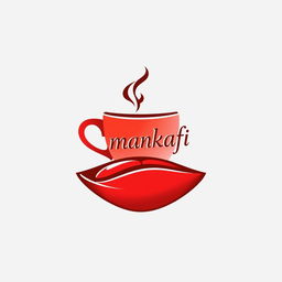 A logo design featuring a slanted red coffee cup placed on top of a stylized coffee bean that serves as a saucer