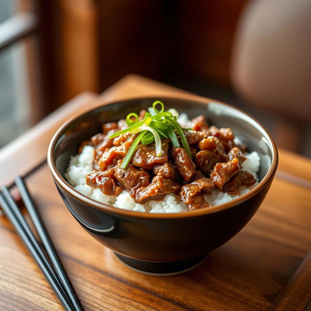A beautifully detailed bowl of gyu suboro don, featuring tender, finely minced beef, sautéed with onions and rich soy sauce, served over a steaming bed of fluffy white rice