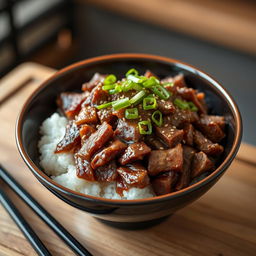 A beautifully detailed bowl of gyu suboro don, featuring tender, finely minced beef, sautéed with onions and rich soy sauce, served over a steaming bed of fluffy white rice
