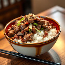 A beautifully detailed bowl of gyu suboro don, featuring tender, finely minced beef, sautéed with onions and rich soy sauce, served over a steaming bed of fluffy white rice