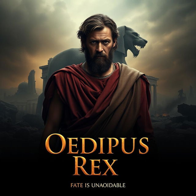 A dramatic and visually striking poster for a short fiction film inspired by the classic Greek tragedy 'Oedipus Rex' by Sophocles