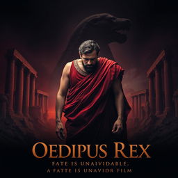 A dramatic and visually striking poster for a short fiction film inspired by the classic Greek tragedy 'Oedipus Rex' by Sophocles