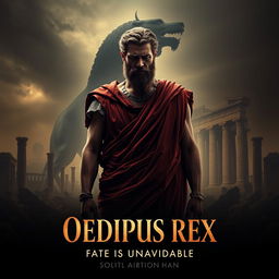A dramatic and visually striking poster for a short fiction film inspired by the classic Greek tragedy 'Oedipus Rex' by Sophocles