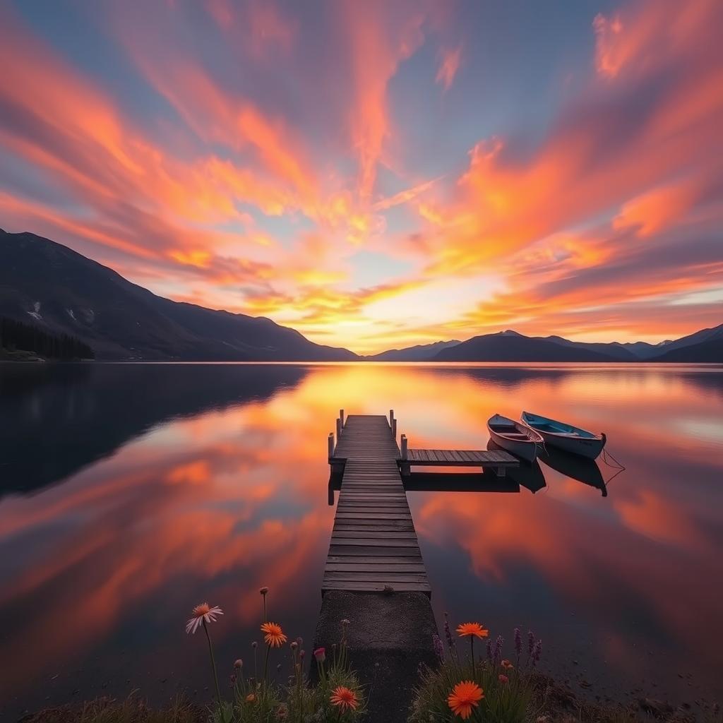 A breathtaking sunrise over a serene lake, surrounded by majestic mountains in the background