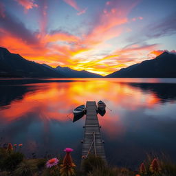 A breathtaking sunrise over a serene lake, surrounded by majestic mountains in the background