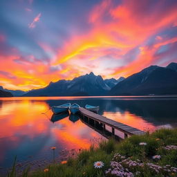 A breathtaking sunrise over a serene lake, surrounded by majestic mountains in the background