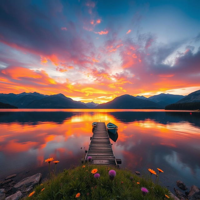 A breathtaking sunrise over a serene lake, surrounded by majestic mountains in the background