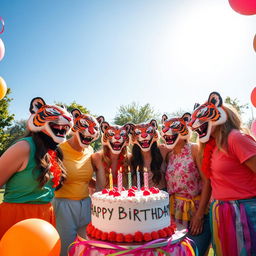 A vibrant birthday celebration featuring a group of friends wearing colorful tiger masks, joyfully gathered around a beautifully decorated cake with candles