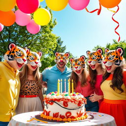 A vibrant birthday celebration featuring a group of friends wearing colorful tiger masks, joyfully gathered around a beautifully decorated cake with candles