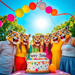 A vibrant birthday celebration featuring a group of friends wearing colorful tiger masks, joyfully gathered around a beautifully decorated cake with candles