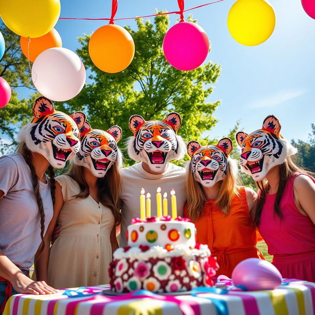 A vibrant birthday celebration featuring a group of friends wearing colorful tiger masks, joyfully gathered around a beautifully decorated cake with candles