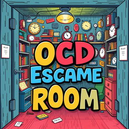 A visually engaging and intriguing escape room poster, themed around OCD (Obsessive-Compulsive Disorder)