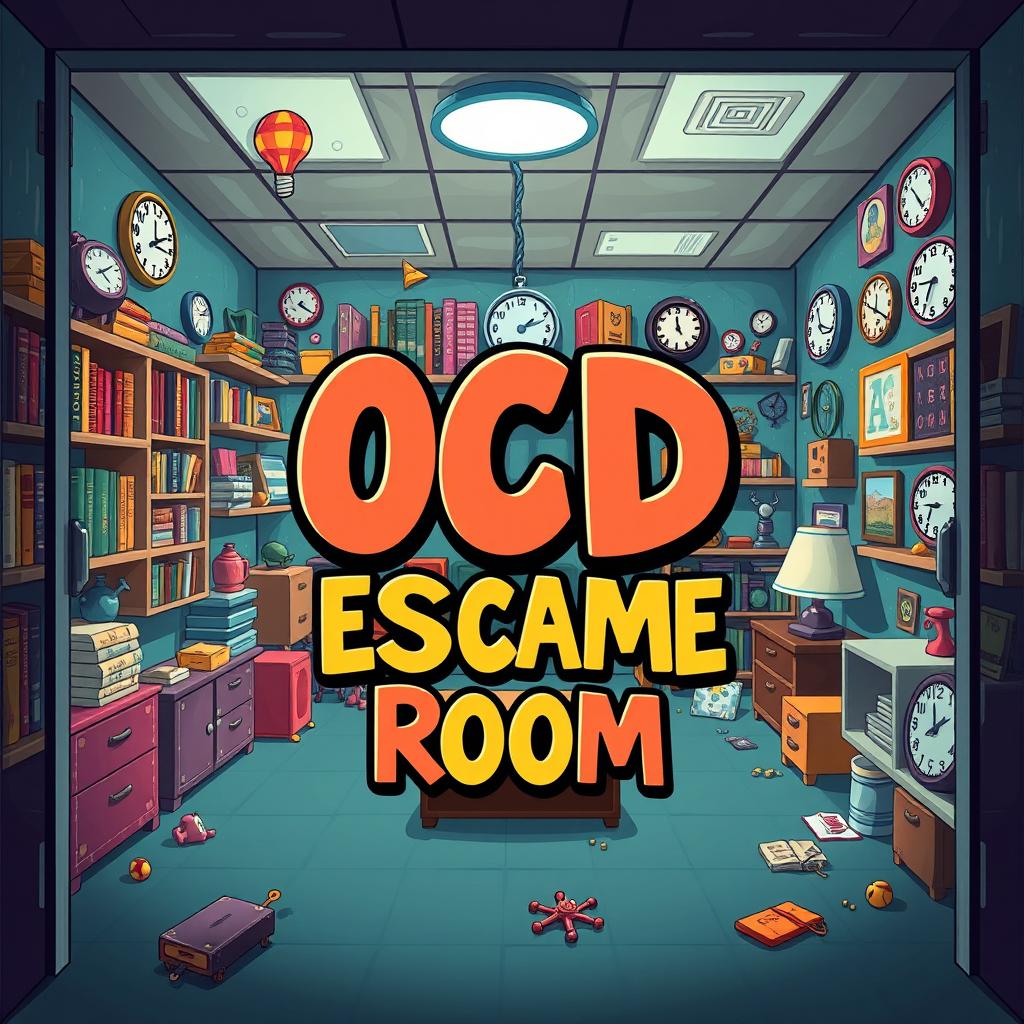 A visually engaging and intriguing escape room poster, themed around OCD (Obsessive-Compulsive Disorder)