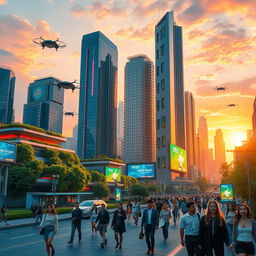 A futuristic cityscape at sunset, featuring towering skyscrapers made of glass and neon lights, flying cars zooming through the air, and lush greenery integrated into the urban environment