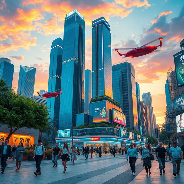 A futuristic cityscape at sunset, featuring towering skyscrapers made of glass and neon lights, flying cars zooming through the air, and lush greenery integrated into the urban environment