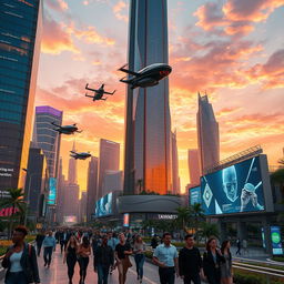 A futuristic cityscape at sunset, featuring towering skyscrapers made of glass and neon lights, flying cars zooming through the air, and lush greenery integrated into the urban environment