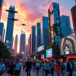 A futuristic cityscape at sunset, featuring towering skyscrapers made of glass and neon lights, flying cars zooming through the air, and lush greenery integrated into the urban environment