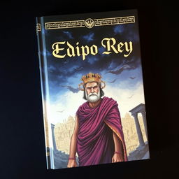 A captivating book cover titled 'Edipo Rey', featuring a dramatic and somber illustration of a regal figure, Oedipus, with a troubled expression, dressed in ancient Greek attire, standing against a backdrop of a crumbling city in the distance