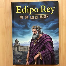A captivating book cover titled 'Edipo Rey', featuring a dramatic and somber illustration of a regal figure, Oedipus, with a troubled expression, dressed in ancient Greek attire, standing against a backdrop of a crumbling city in the distance