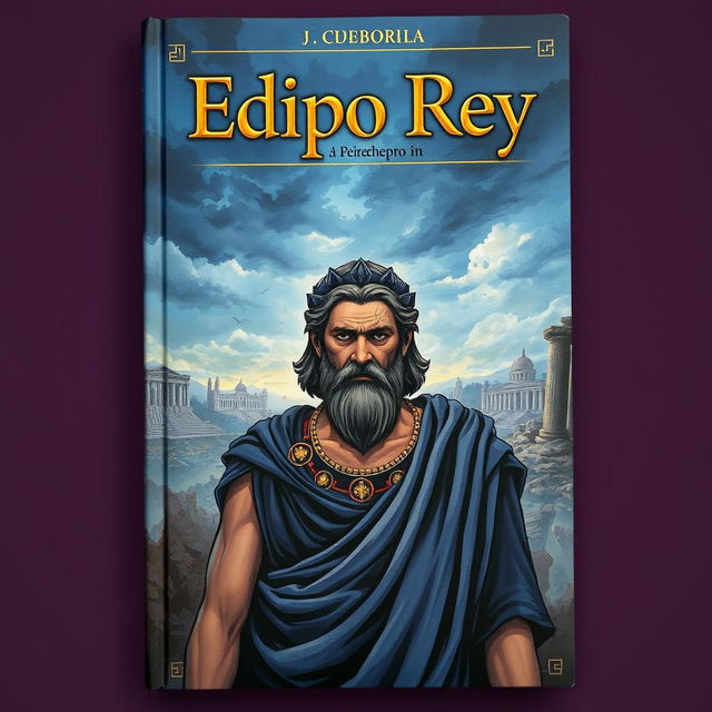 A captivating book cover titled 'Edipo Rey', featuring a dramatic and somber illustration of a regal figure, Oedipus, with a troubled expression, dressed in ancient Greek attire, standing against a backdrop of a crumbling city in the distance