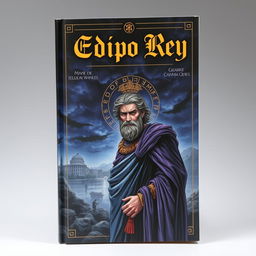 A captivating book cover titled 'Edipo Rey', featuring a dramatic and somber illustration of a regal figure, Oedipus, with a troubled expression, dressed in ancient Greek attire, standing against a backdrop of a crumbling city in the distance