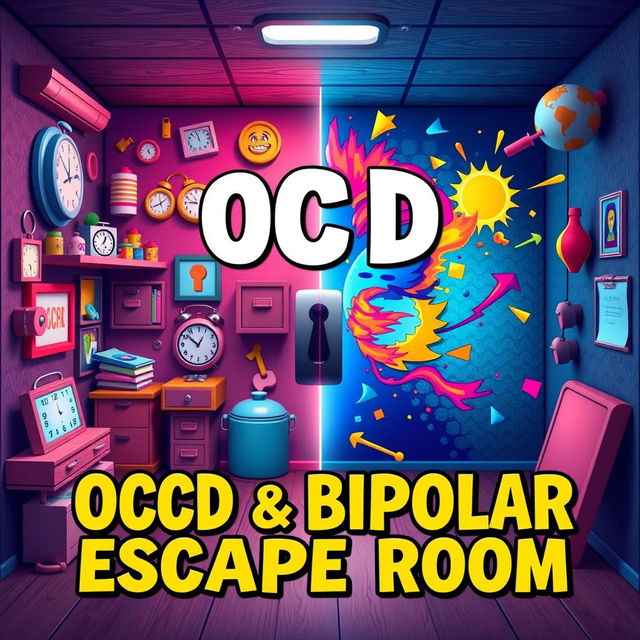 An engaging and imaginative escape room poster themed around both OCD (Obsessive-Compulsive Disorder) and bipolar disorder