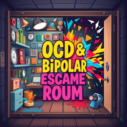 An engaging and imaginative escape room poster themed around both OCD (Obsessive-Compulsive Disorder) and bipolar disorder