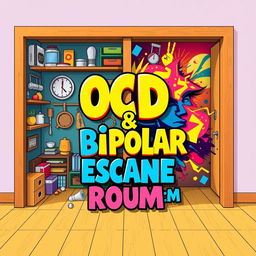 An engaging and imaginative escape room poster themed around both OCD (Obsessive-Compulsive Disorder) and bipolar disorder