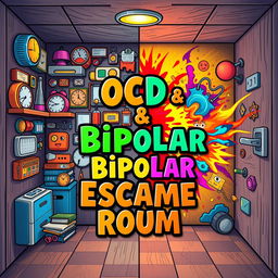 An engaging and imaginative escape room poster themed around both OCD (Obsessive-Compulsive Disorder) and bipolar disorder
