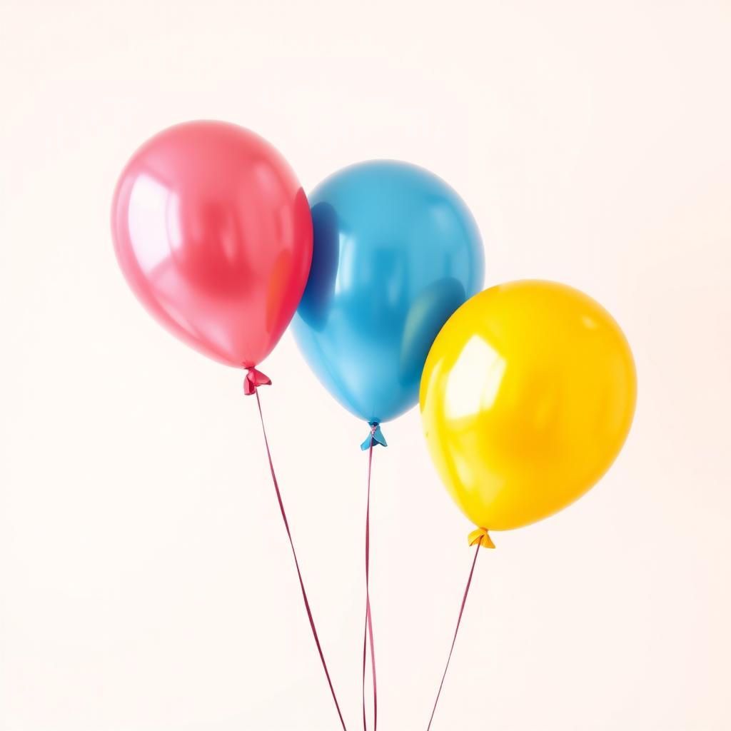 Three realistic balloons in different vibrant colors and sizes, floating gracefully against a solid color background