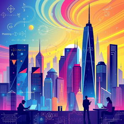 A vibrant digital art poster illustrating the role of mathematics in the modern world