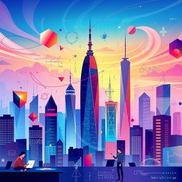 A vibrant digital art poster illustrating the role of mathematics in the modern world