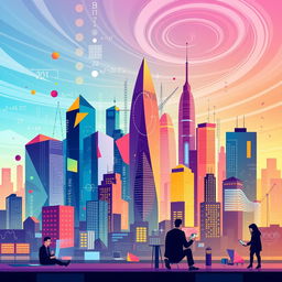 A vibrant digital art poster illustrating the role of mathematics in the modern world