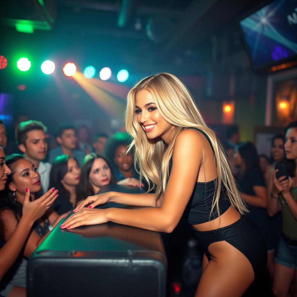 A captivating nightclub scene featuring Dayna Wynter, a 39-year-old attractive white woman, as she leans over the front edge of the stage to speak intimately to the crowd