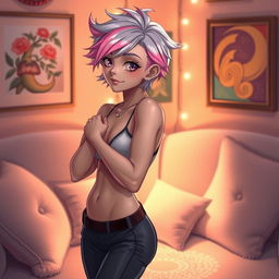 A young femboy character with an androgynous appearance, featuring vibrant pastel hair styled in a playful manner