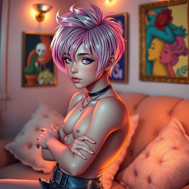 A young femboy character with an androgynous appearance, featuring vibrant pastel hair styled in a playful manner