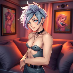 A young femboy character with an androgynous appearance, featuring vibrant pastel hair styled in a playful manner