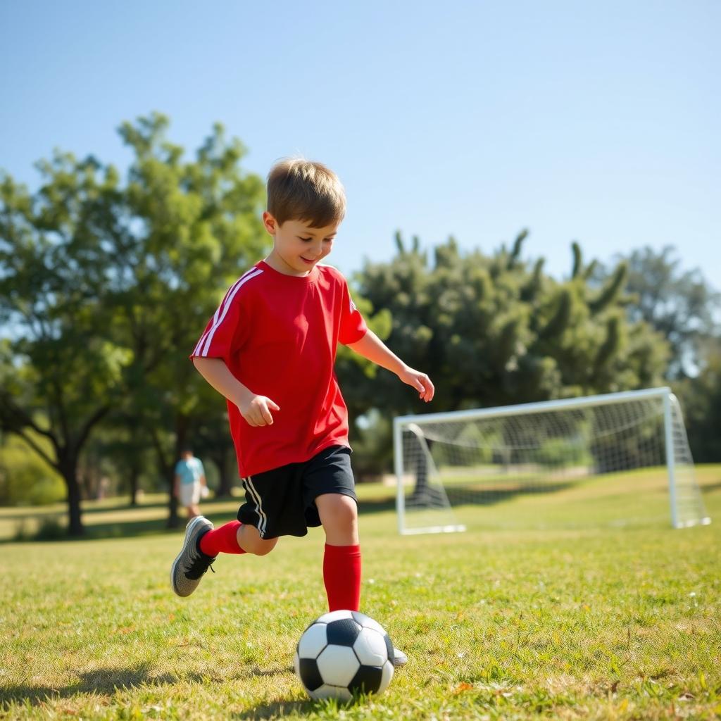 A child, approximately eight years old, practicing soccer alone on a sunny day in a grassy park