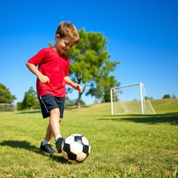 A child, approximately eight years old, practicing soccer alone on a sunny day in a grassy park