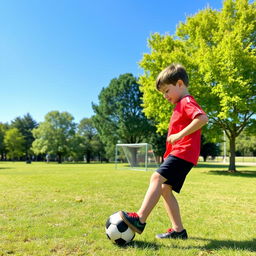 A child, approximately eight years old, practicing soccer alone on a sunny day in a grassy park