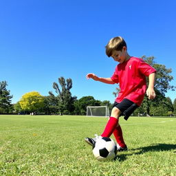 A child, approximately eight years old, practicing soccer alone on a sunny day in a grassy park