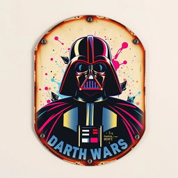 A vintage-style metal sign featuring a stylized depiction of Darth Vader, presented in vibrant neon colors