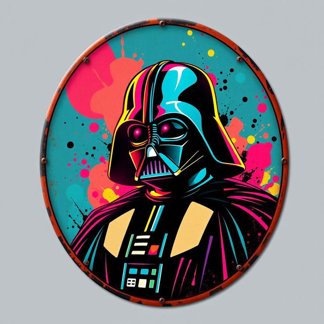 A vintage-style metal sign featuring a stylized depiction of Darth Vader, presented in vibrant neon colors