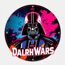 A vintage-style metal sign featuring a stylized depiction of Darth Vader, presented in vibrant neon colors